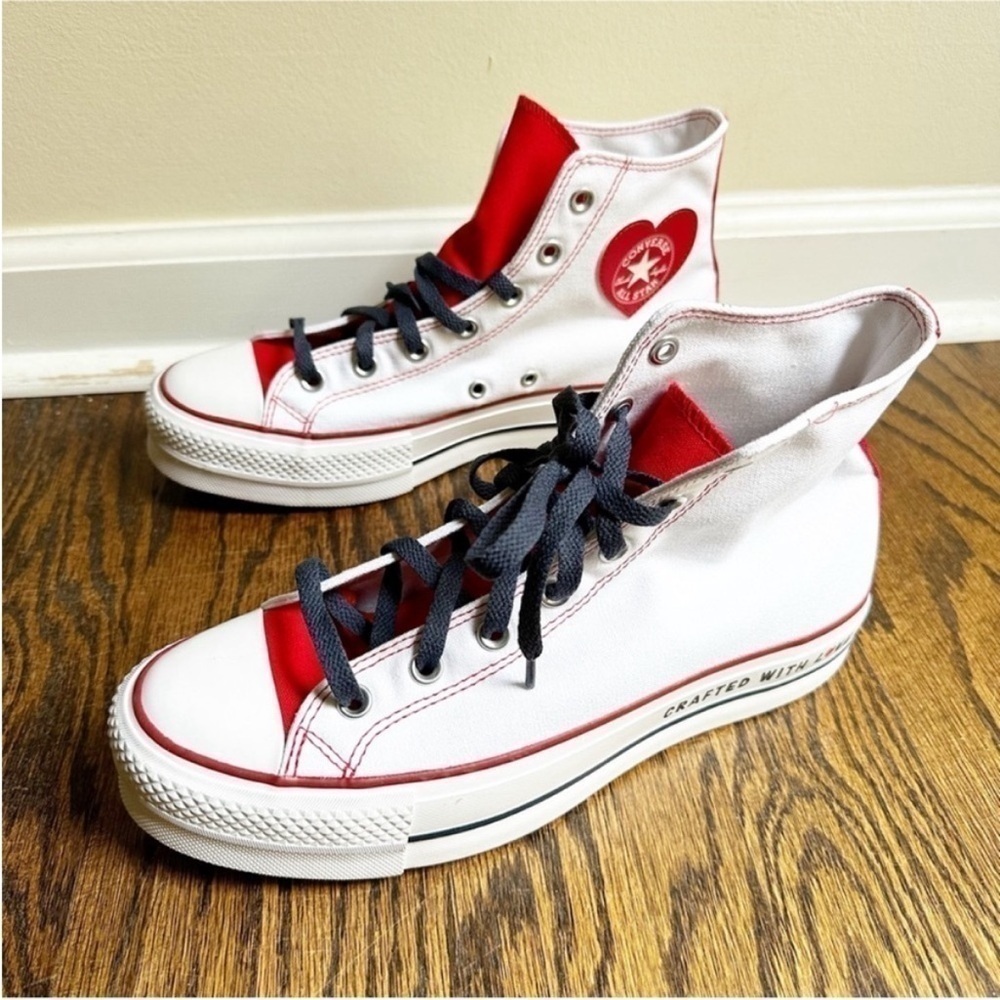 NWOT Converse Platform Lift High Top Custom Shoes Made with Love Heart Patches